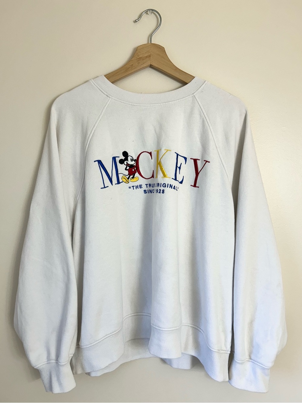 H&M Disney White Crewneck Sweatshirt with Colorful Mickey Embroidery | Large